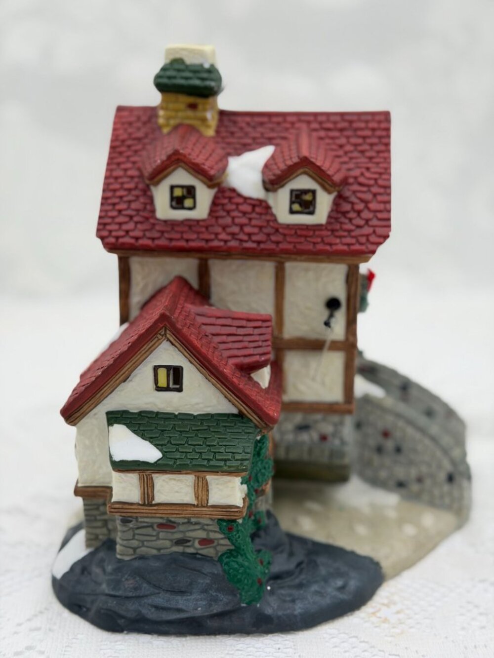 Hand-Painted Ceramic Brewery Figurine With Snowy Roof CHIP on corner